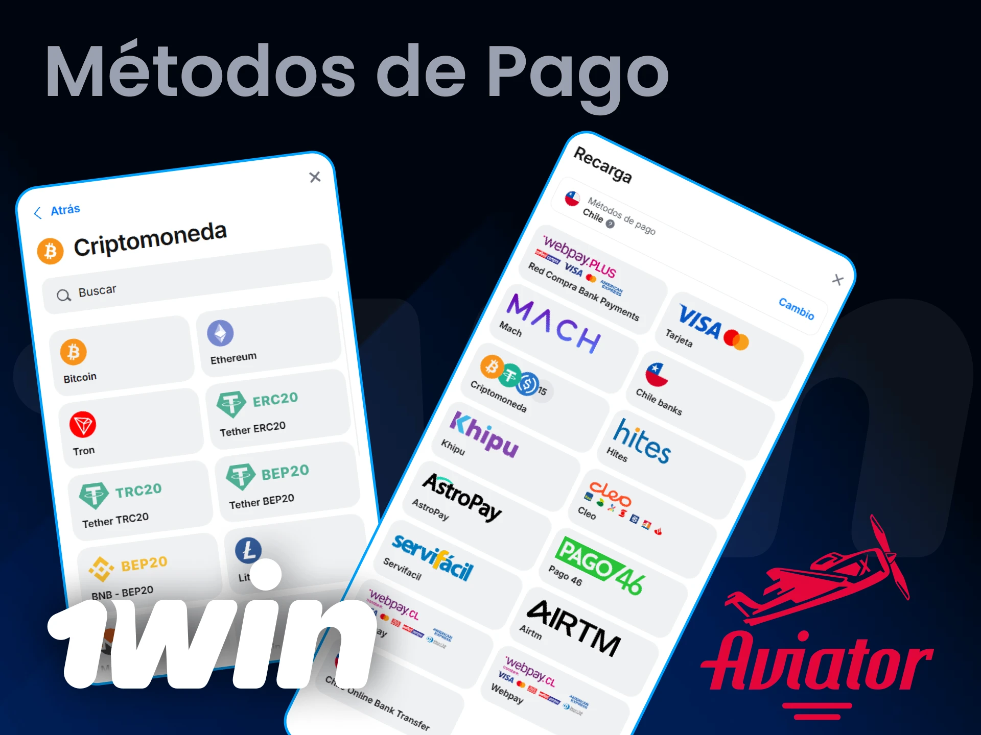 Dispones de muchos métodos de pago para empezar a jugar en Aviator en 1Win.