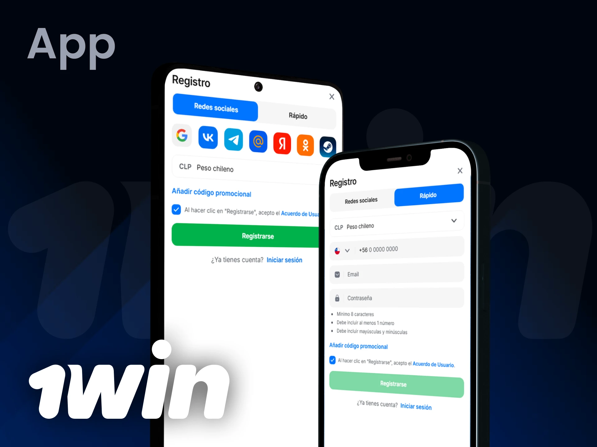 Puedes registrarte directamente en la aplicación 1Win.