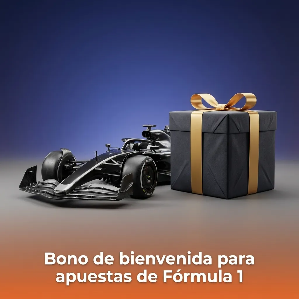 Banner de bono de bienvenida 1win para apuestas de Fórmula 1 con autos de carrera y texto promocional en español