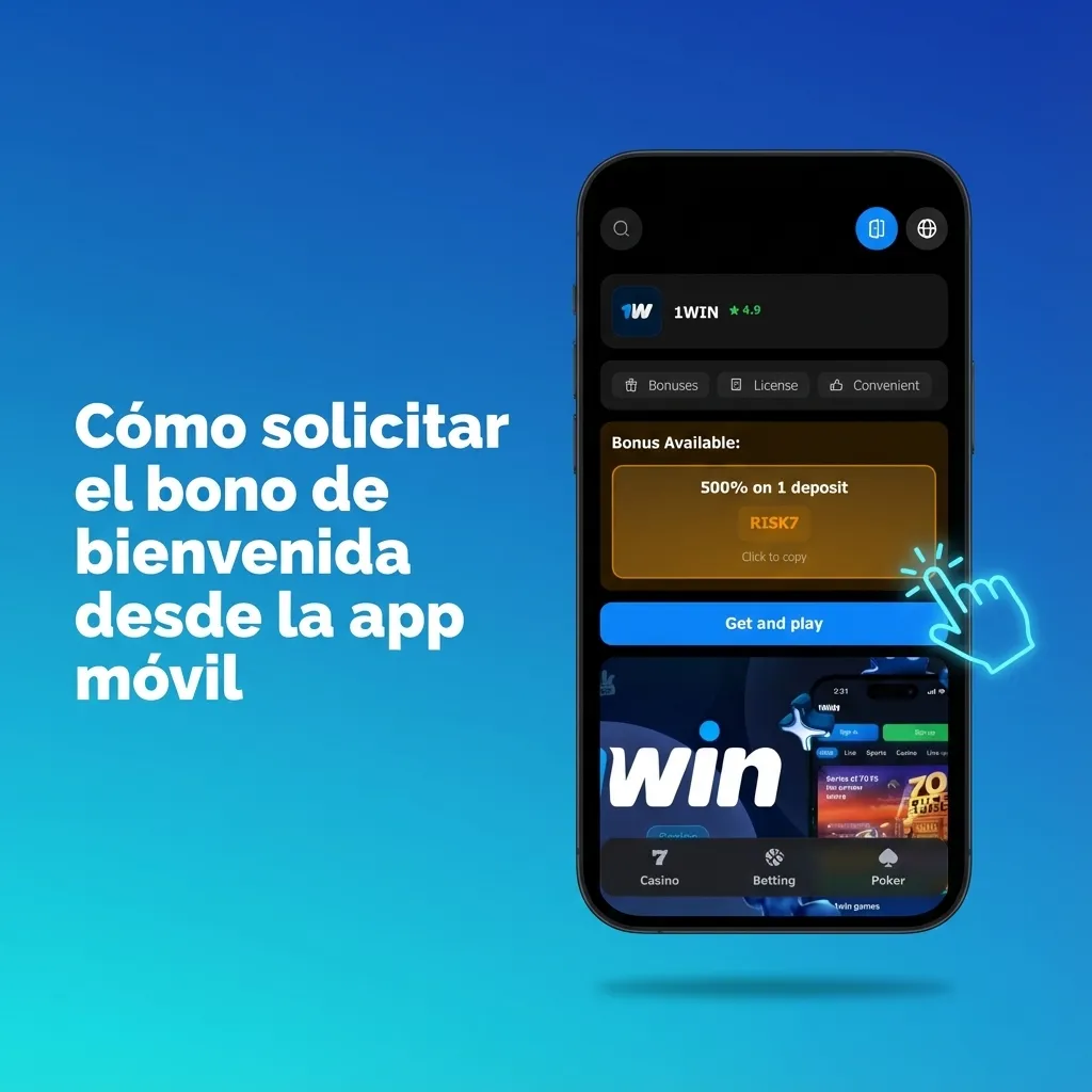Ilustración de un usuario solicitando bono de bienvenida en app móvil, siguiendo pasos en pantalla de un smartphone