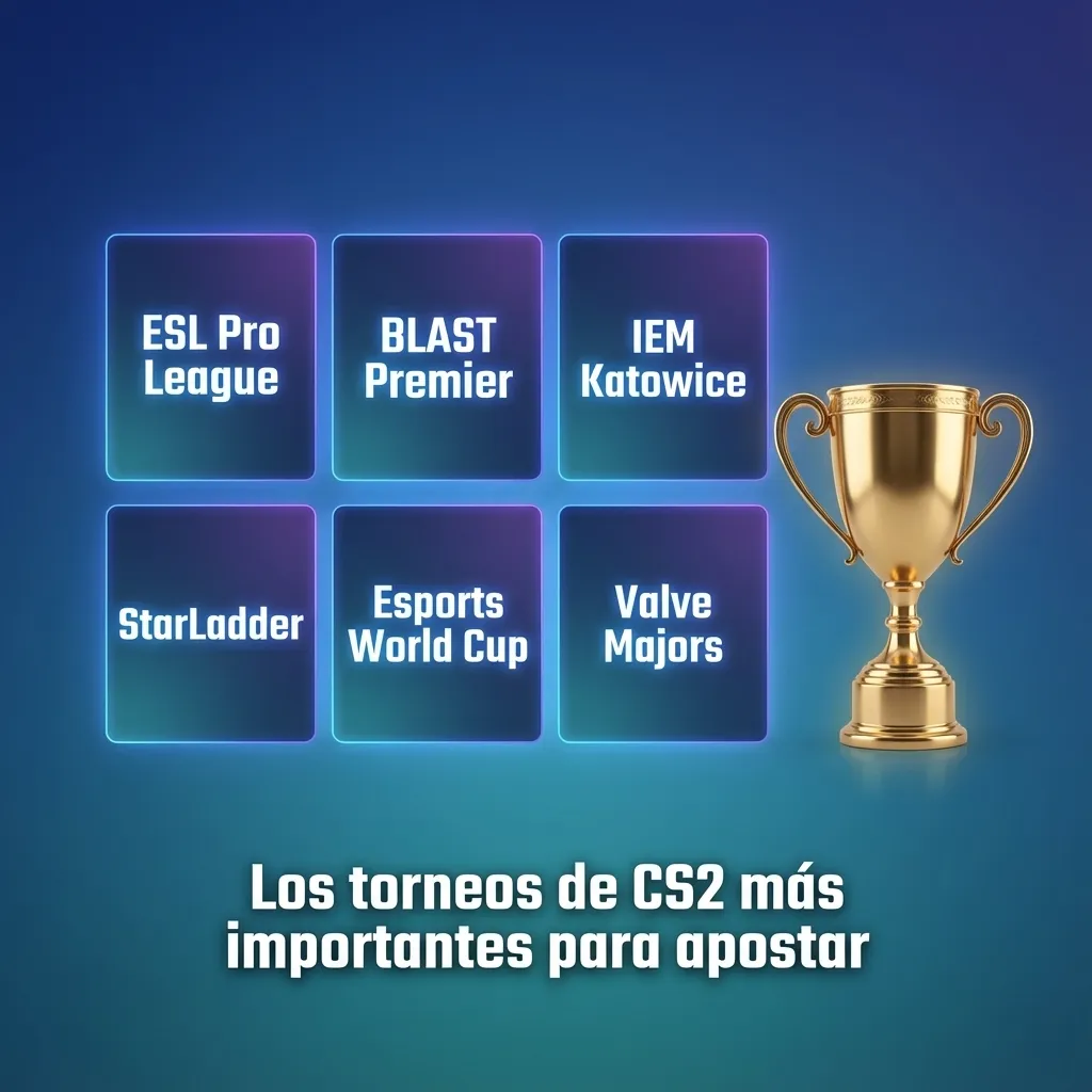 Collage de torneos de CS2 con logos de Valve Majors, ESL, IEM, BLAST y Esports World Cup sobre fondo de apuestas.