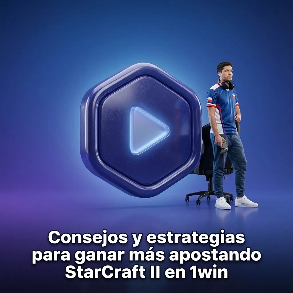 Ilustración de apuestas StarCraft II en 1win, con jugador analizando estadísticas, mapas y gestión de banca en pantalla