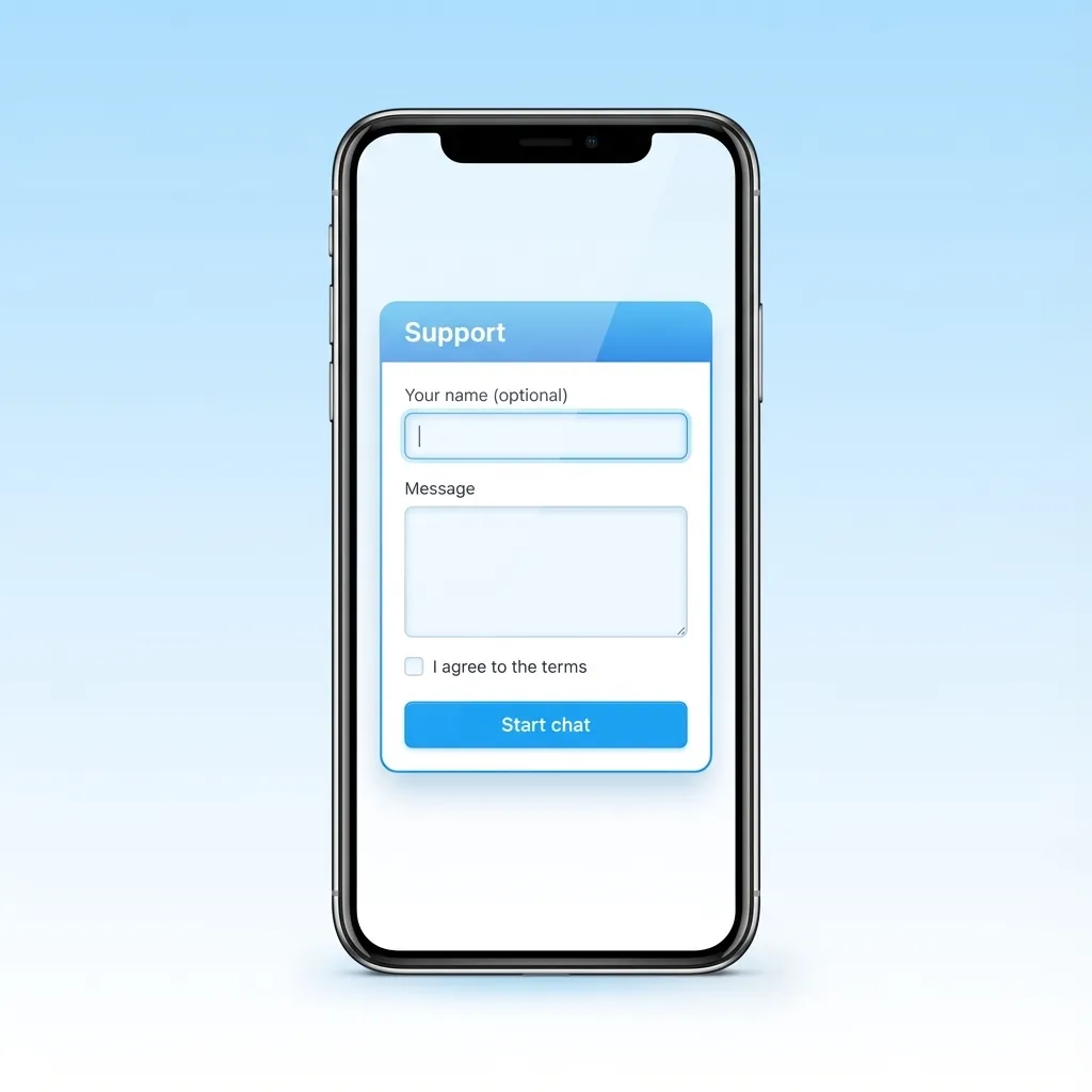Pantalla de la app 1win en iPhone mostrando opciones de soporte: chat en vivo, correo y centro de ayuda en línea