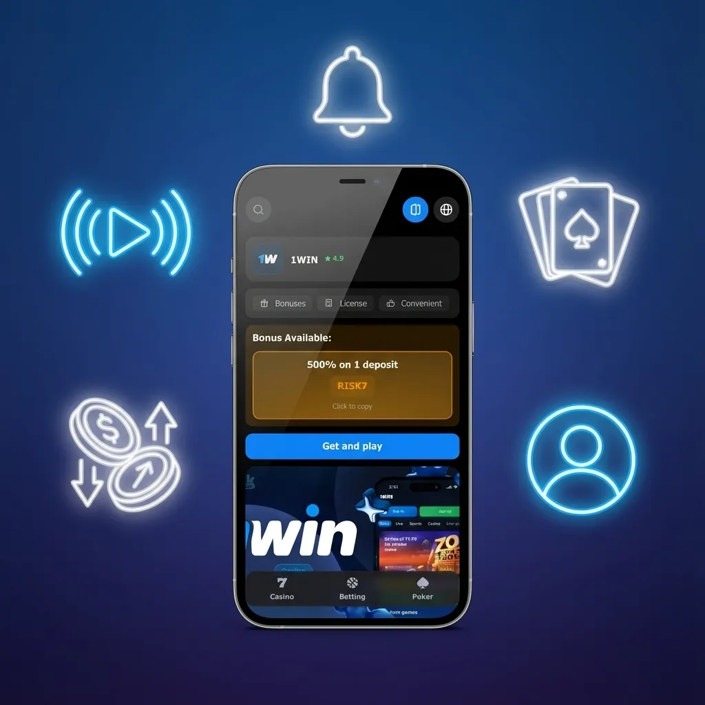 Pantalla de iPhone con la app 1win mostrando apuestas deportivas, casino online y bonos para usuarios chilenos en CLP